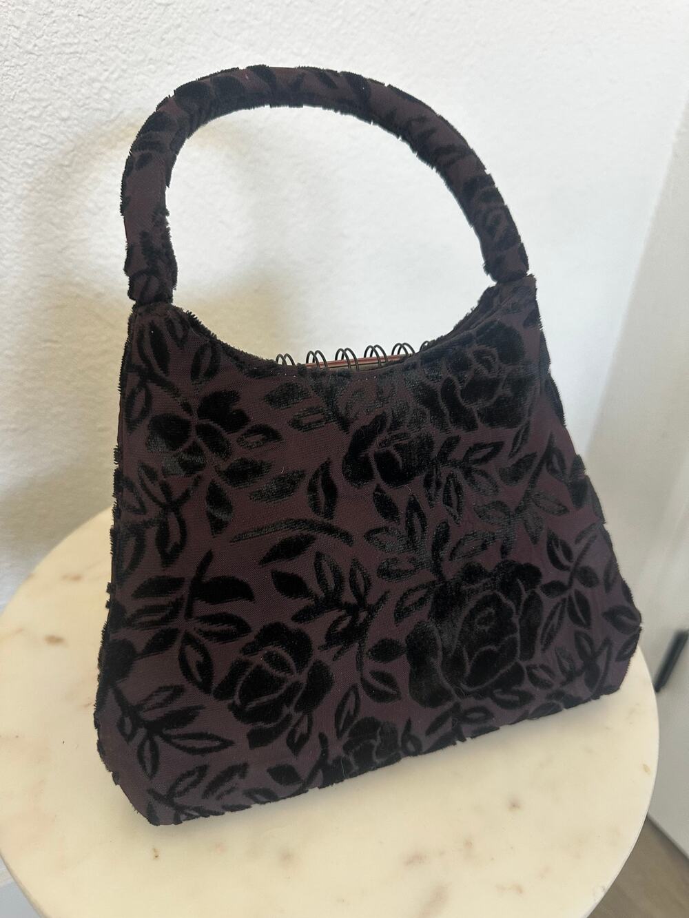 Vintage Y2K Burgundy Black Flocked Velvet Rose Evening Cocktail Purse